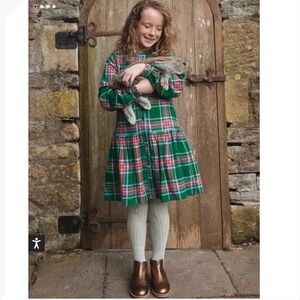 Boden Girls Plaid Button Front Drop Waist Dress Green Red Blue Size 13 14Y